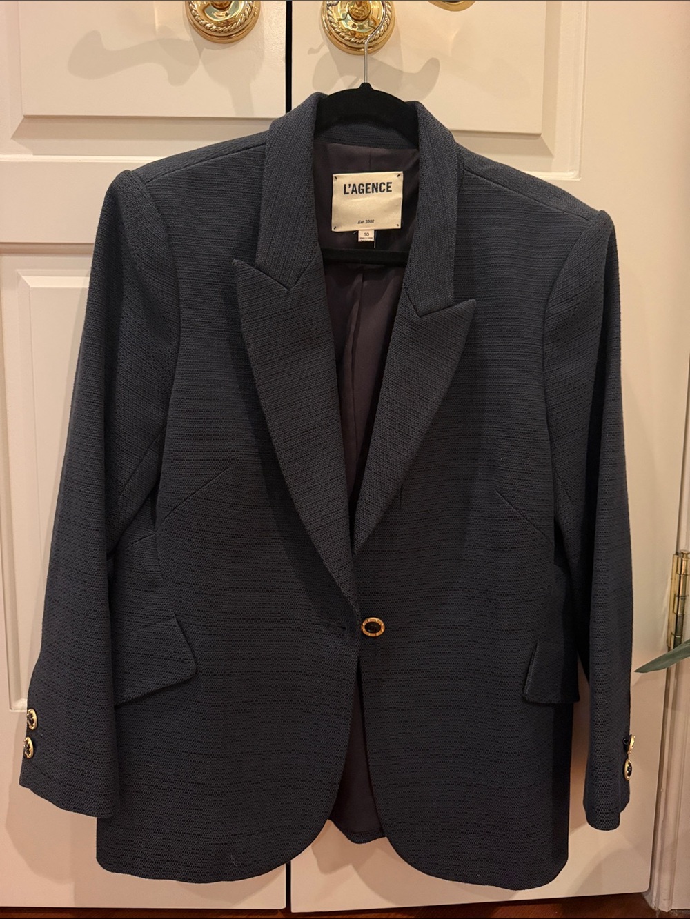 L'AGENCE Navy Textured Single-Button Blazer with Gold Accent